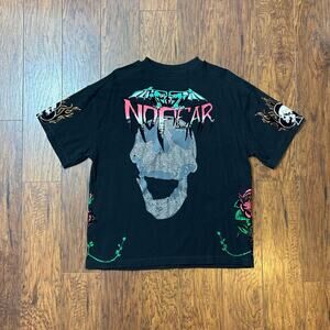 No Fear Grunge Y2K Rhinestone Skull T-Shirt With Velvet Graphics
